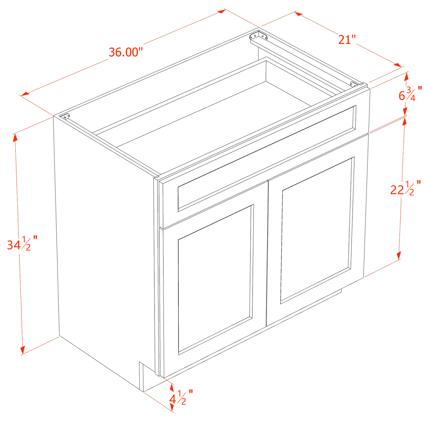 TW-VB3621: Creamy White Shaker 36"W x 34-1/2"H x 21"D 2 Doors & 1 Drawer Double Door Vanity Base Cabinets