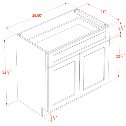 TW-VB3621: Creamy White Shaker 36"W x 34-1/2"H x 21"D 2 Doors & 1 Drawer Double Door Vanity Base Cabinets