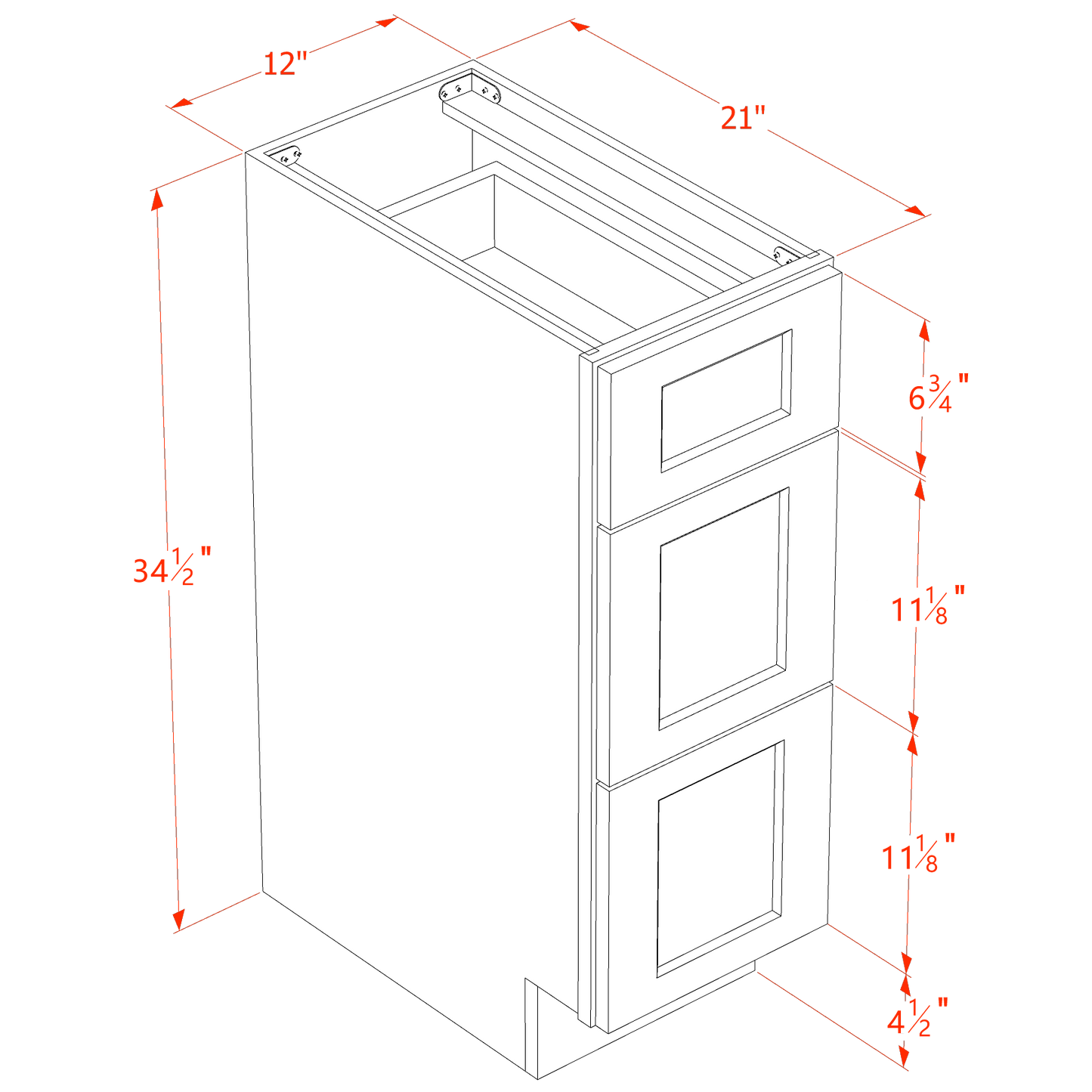 TW-VDB1221: Creamy White Shaker 12"W x 34-1/2"H x 21"D  3 Drawers Vanity Base Cabinets