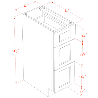 TW-VDB1221: Creamy White Shaker 12"W x 34-1/2"H x 21"D  3 Drawers Vanity Base Cabinets