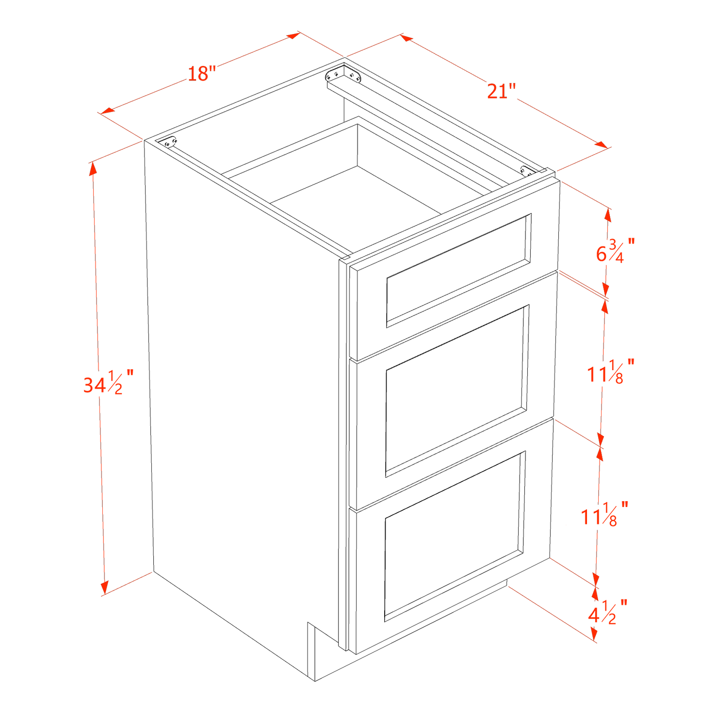 TW-VDB1821: Creamy White Shaker 18"W x 34-1/2"H x 21"D  3 Drawers Vanity Base Cabinets