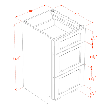 TW-VDB1821: Creamy White Shaker 18"W x 34-1/2"H x 21"D  3 Drawers Vanity Base Cabinets