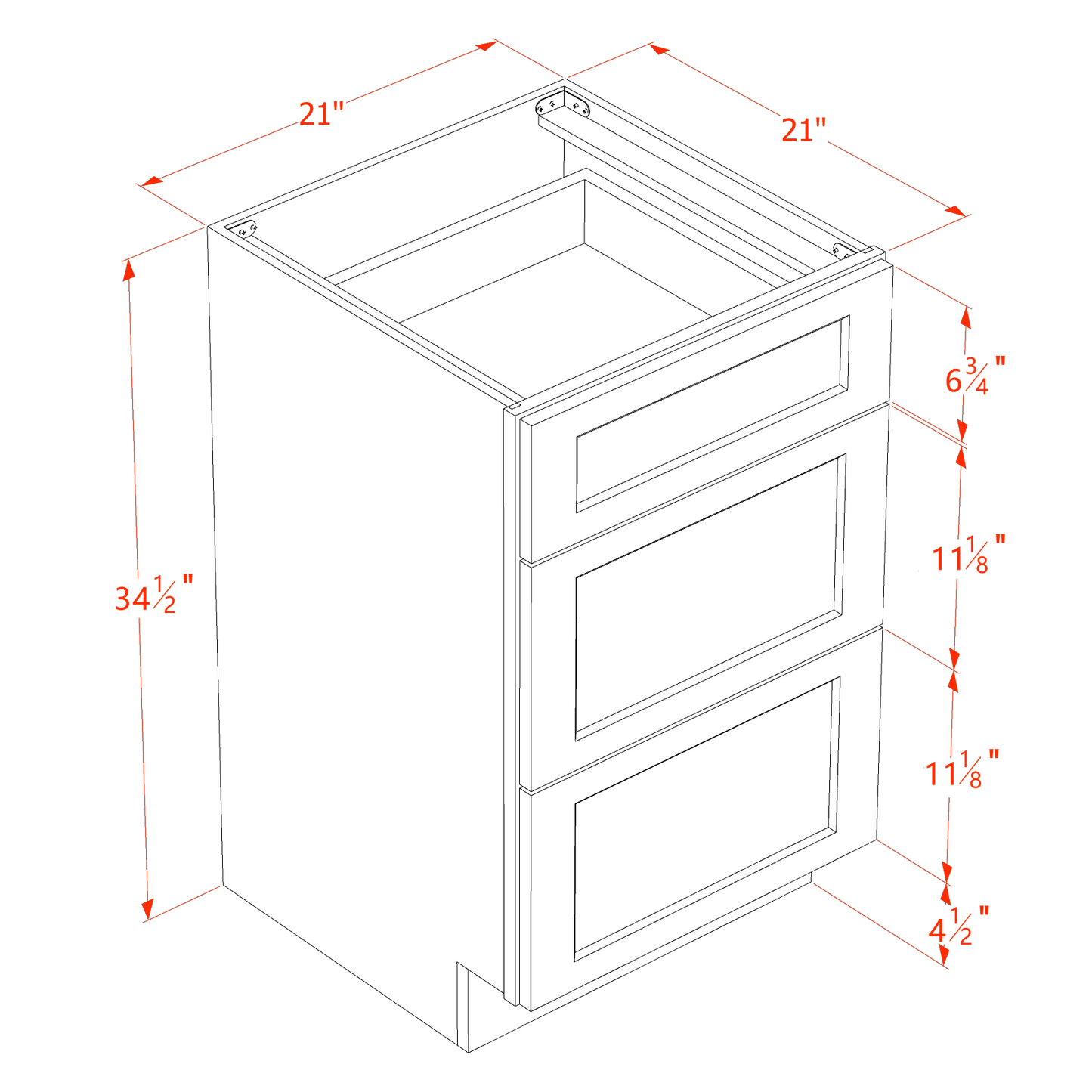 TW-VDB2121: Creamy White Shaker 21"W x 34-1/2"H x 21"D  3 Drawers Vanity Base Cabinets