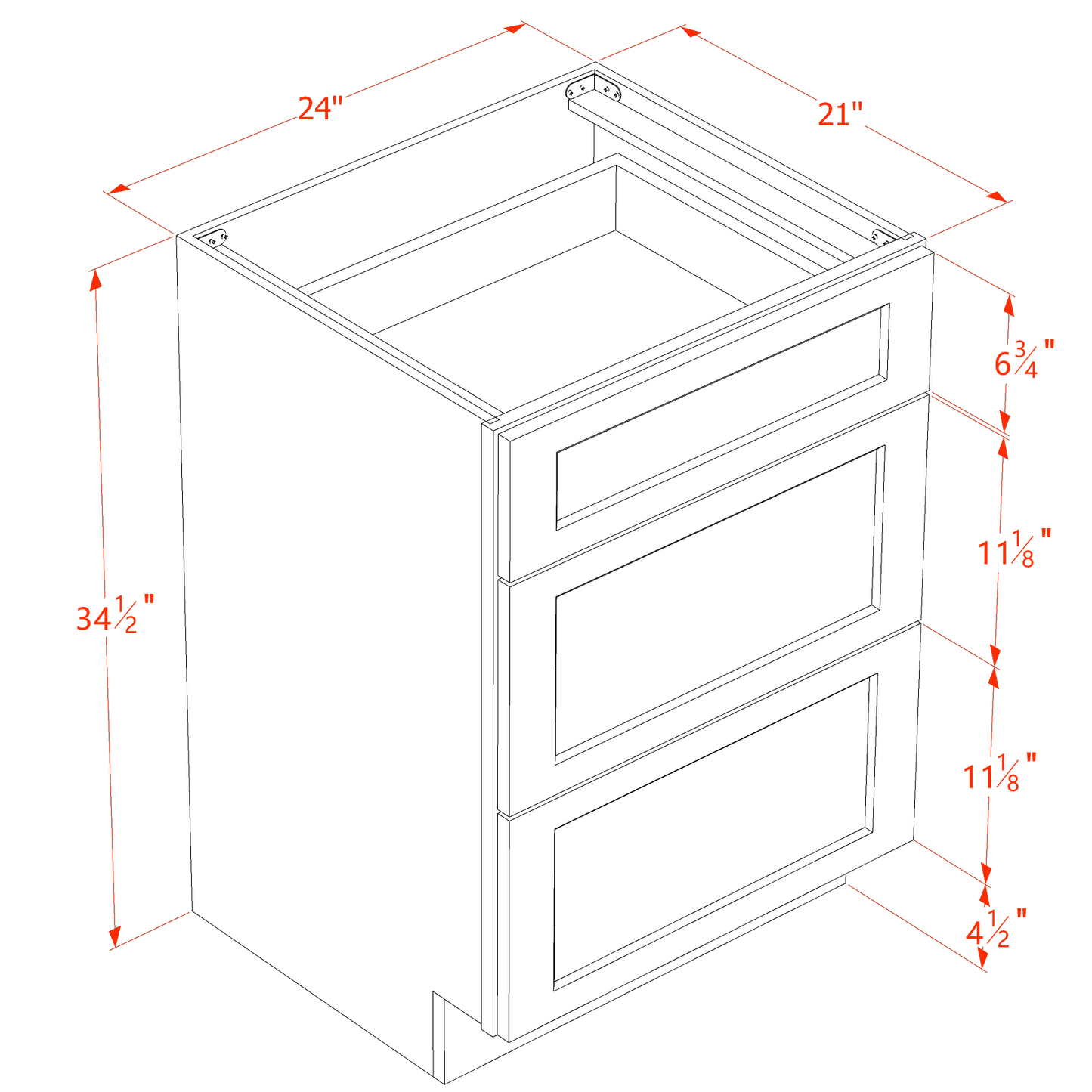 TW-VDB2421: Creamy White Shaker 24"W x 34-1/2"H x 21"D  3 Drawers Vanity Base Cabinets