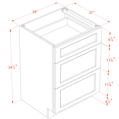 TW-VDB2421: Creamy White Shaker 24"W x 34-1/2"H x 21"D  3 Drawers Vanity Base Cabinets