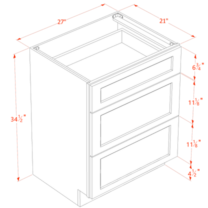 SM-VDB2721: Mocha Brown Slim Shaker 27"W x 34-1/2"H x 21"D  3 Drawers Vanity Base Cabinets