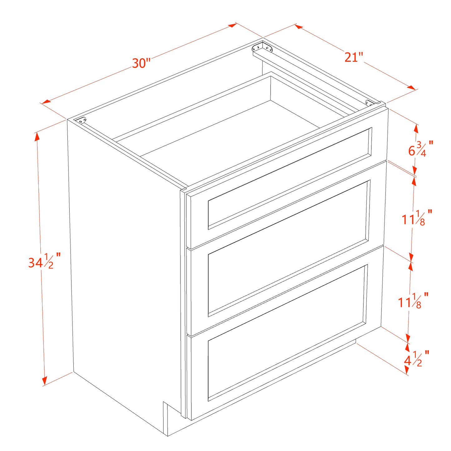 HT-VDB3021: Timber Wood Shaker 30"W x 34-1/2"H x 21"D  3 Drawers Vanity Base Cabinets