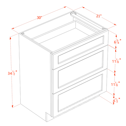 HT-VDB3021: Timber Wood Shaker 30"W x 34-1/2"H x 21"D  3 Drawers Vanity Base Cabinets