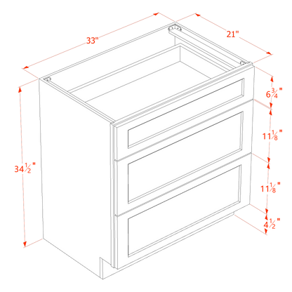 TW-VDB3321: Creamy White Shaker 33"W x 34-1/2"H x 21"D  3 Drawers Vanity Base Cabinets