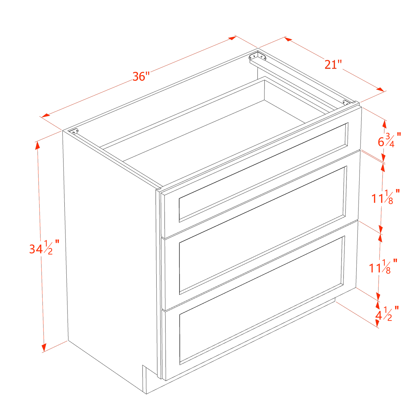 TW-VDB3621: Creamy White Shaker 36"W x 34-1/2"H x 21"D  3 Drawers Vanity Base Cabinets