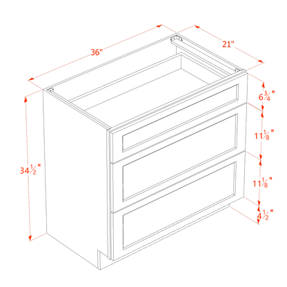 TW-VDB3621: Creamy White Shaker 36"W x 34-1/2"H x 21"D  3 Drawers Vanity Base Cabinets