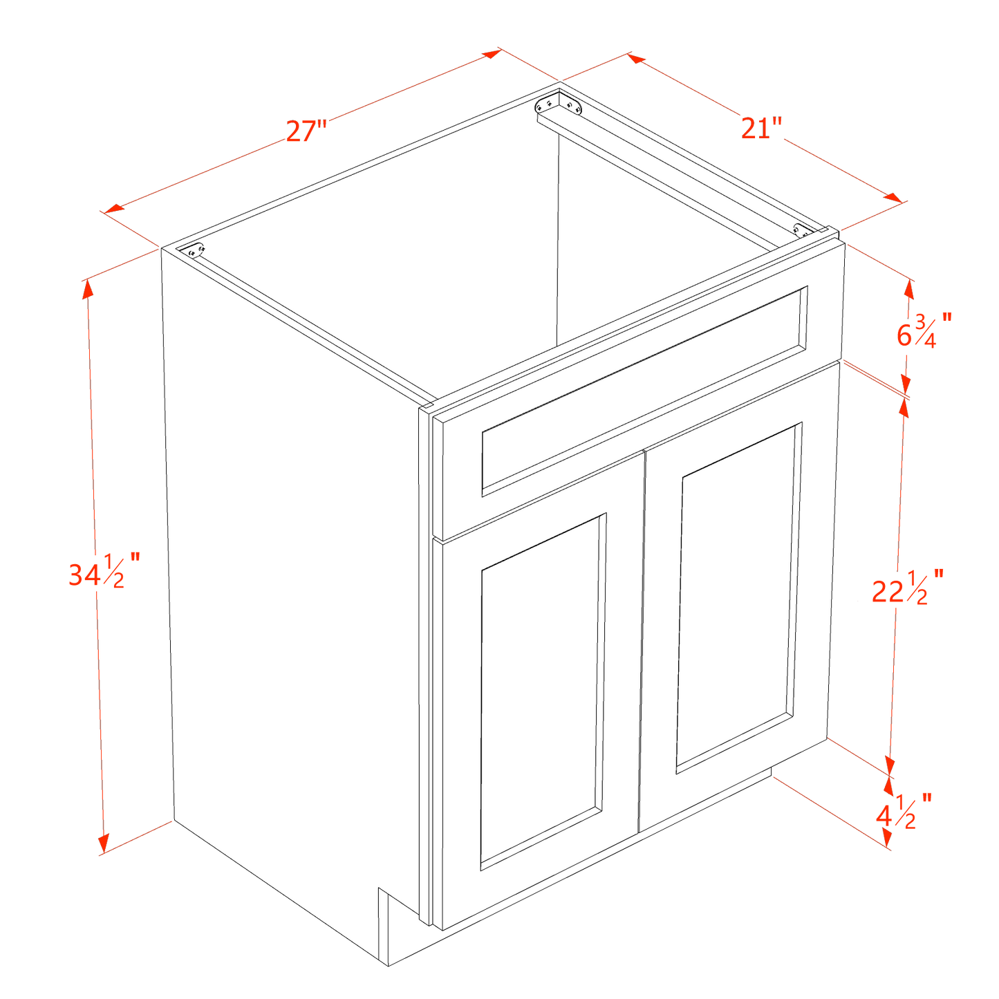 SM-VSB2721: Mocha Brown Slim Shaker 27"W x 34-1/2"H x 21"D 2 Doors & 1 False Drawer Vanity Sink Base Cabinets