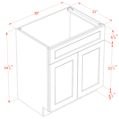 SM-VSB3021: Mocha Brown Slim Shaker 30"W x 34-1/2"H x 21"D 2 Doors & 1 False Drawer Vanity Sink Base Cabinets