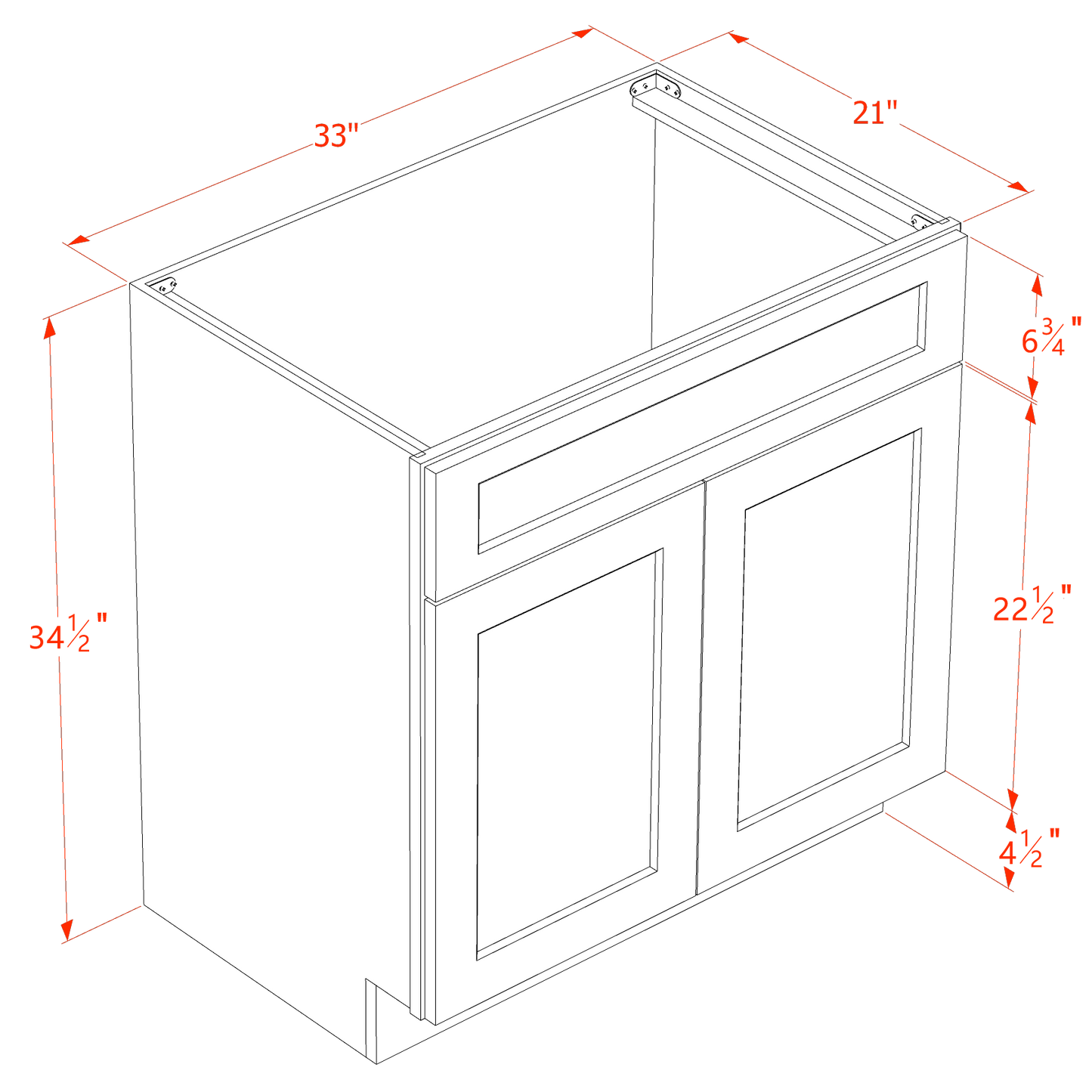 TW-VSB3321: Creamy White Shaker 33"W x 34-1/2"H x 21"D 2 Doors & 1 False Drawer Vanity Sink Base Cabinets