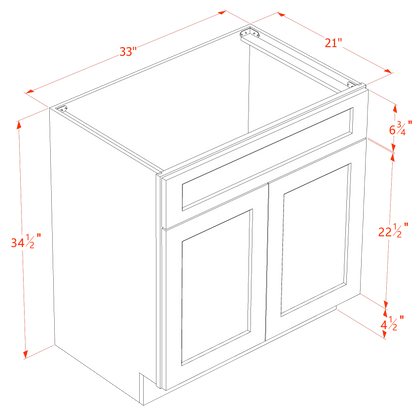 SM-VSB3321: Mocha Brown Slim Shaker 33"W x 34-1/2"H x 21"D 2 Doors & 1 False Drawer Vanity Sink Base Cabinets