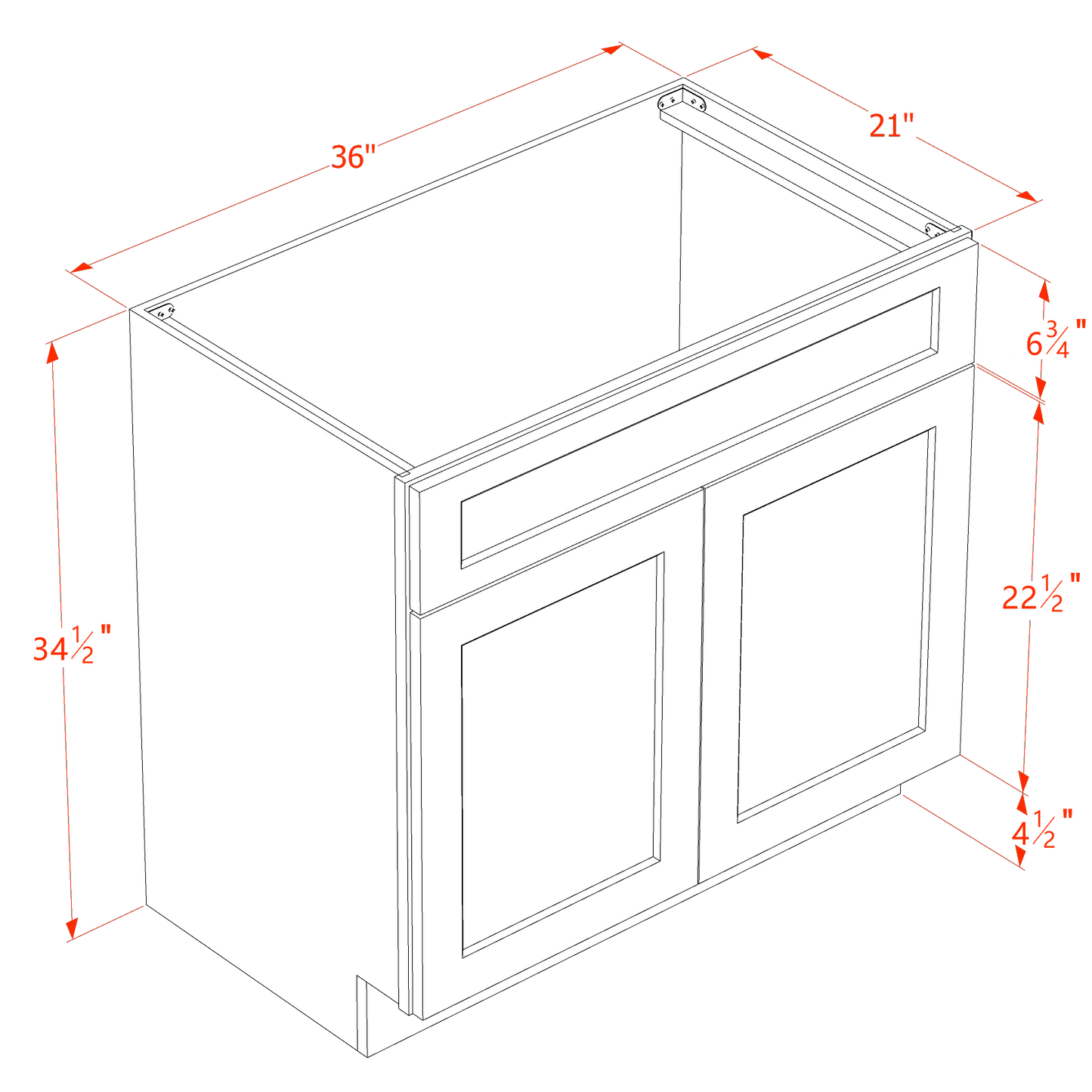 TW-VSB3621: Creamy White Shaker 36"W x 34-1/2"H x 21"D 2 Doors & 1 False Drawer Vanity Sink Base Cabinets