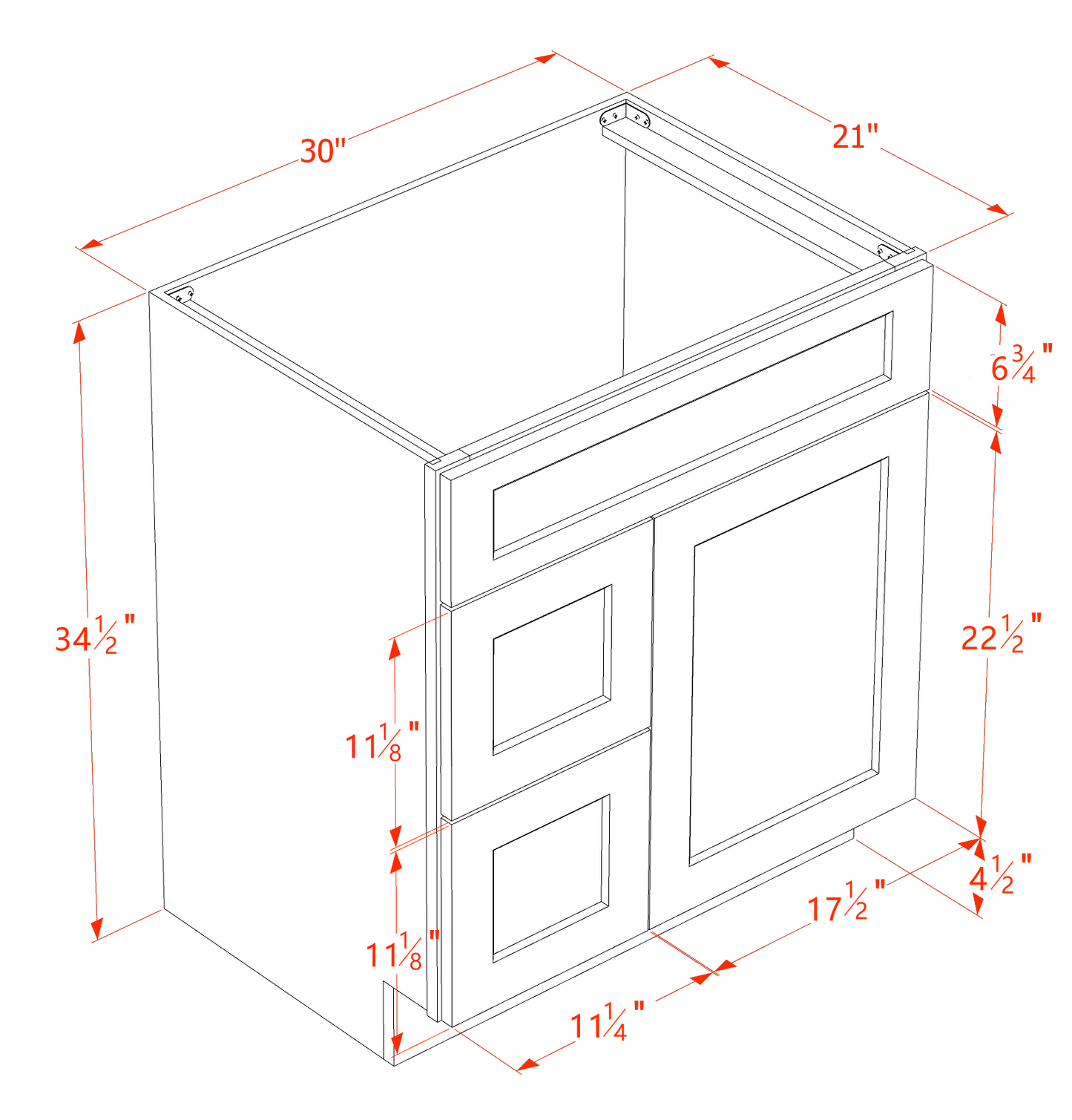 TW-VSD3021L: Creamy White Shaker 30"W x 34-1/2"H x 21"D 1 Door & 2 Left Drawers Offset Vanity Sink Base Cabinets