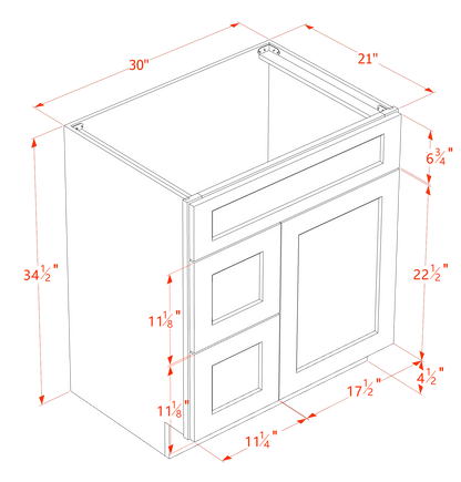 TW-VSD3021L: Creamy White Shaker 30"W x 34-1/2"H x 21"D 1 Door & 2 Left Drawers Offset Vanity Sink Base Cabinets