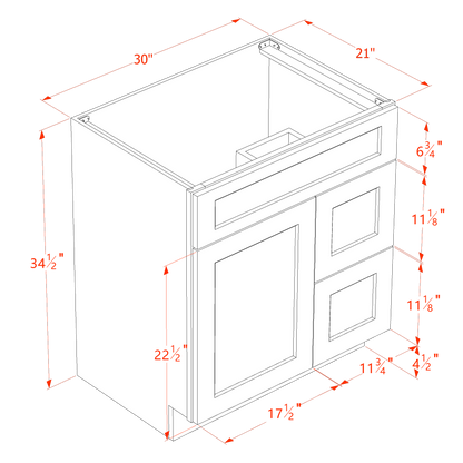 TW-VSD3021R: Creamy White Shaker 30"W x 34-1/2"H x 21"D 1 Door & 2 Right Drawers Offset Vanity Sink Base Cabinets