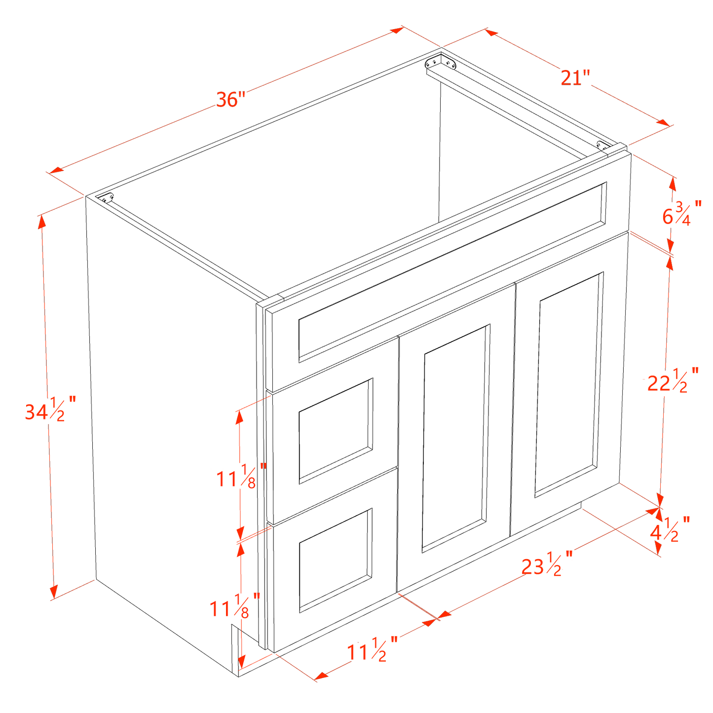 TW-VSD3621L: Creamy White Shaker 36"W x 34-1/2"H x 21"D 2 Doors & 2 Left Drawers Offset Vanity Sink Base Cabinets