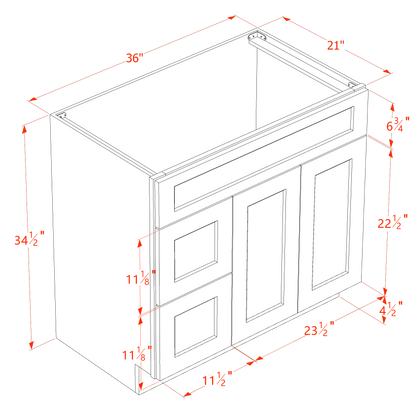 TW-VSD3621L: Creamy White Shaker 36"W x 34-1/2"H x 21"D 2 Doors & 2 Left Drawers Offset Vanity Sink Base Cabinets