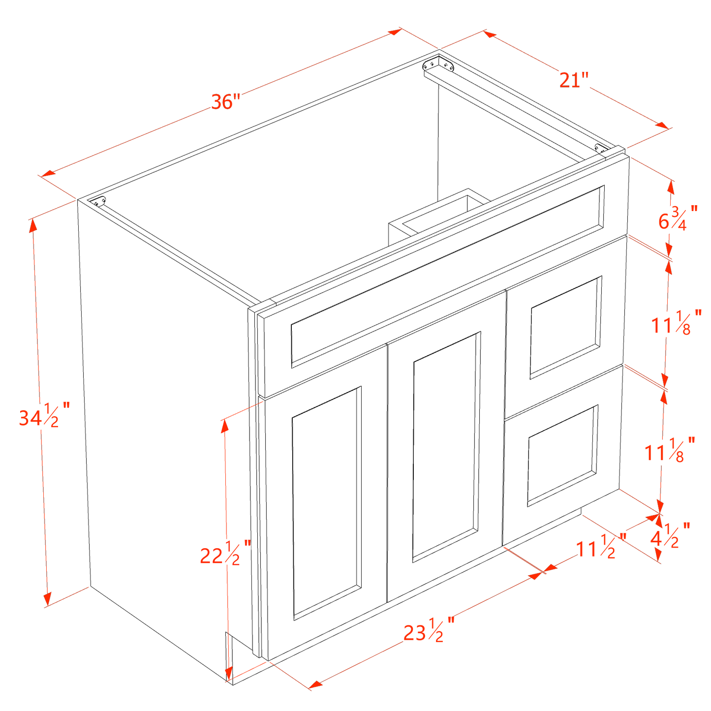 SF-VSD3621R: Frost White Slim Shaker 36"W x 34-1/2"H x 21"D 2 Doors & 2 Right Drawers Offset Vanity Sink Base Cabinets