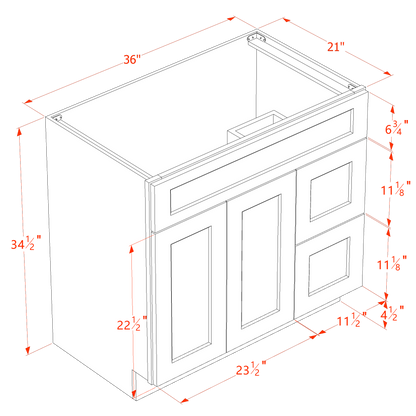 HT-VSD3621R: Timber Wood Shaker 36"W x 34-1/2"H x 21"D 2 Doors & 2 Right Drawers Offset Vanity Sink Base Cabinets