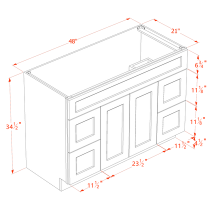 TG-VSD4821: Soft Green Shaker 48"W x 34-1/2"H x 21"D 2 Doors, 4 Drawers & 1 False Drawer Centered Vanity Sink Base Cabinets