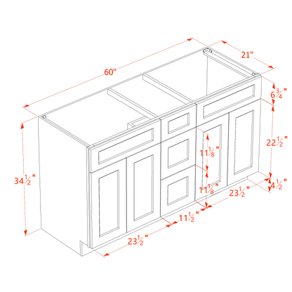 HT-VSD60DOUBLEE: Timber Wood Shaker 60"W x 34-1/2"H x 21"D 4 Doors, 3 Drawers & 2 False Drawers Double Sink Vanity Base Combo Cabinets