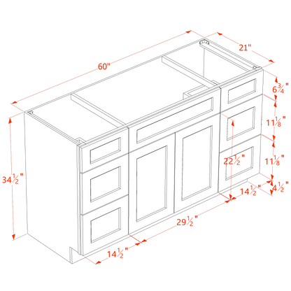 SF-VSD60SINGLE: Frost White Slim Shaker 60"W x 34-1/2"H x 21"D 2 Doors, 6 Drawers & 1 False Drawer Single Sink Vanity Base Combo Cabinets