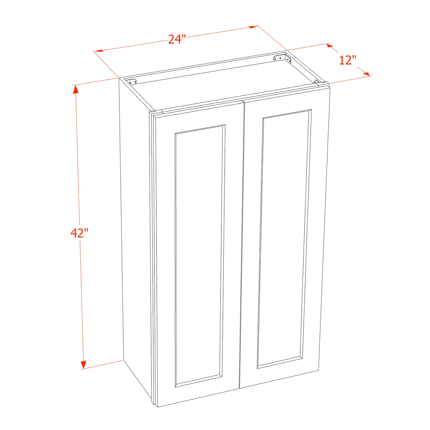 TW-W2442: Creamy White Shaker 24"W x 42"H 2 Doors & 3 Shelves Standard Wall Cabinet