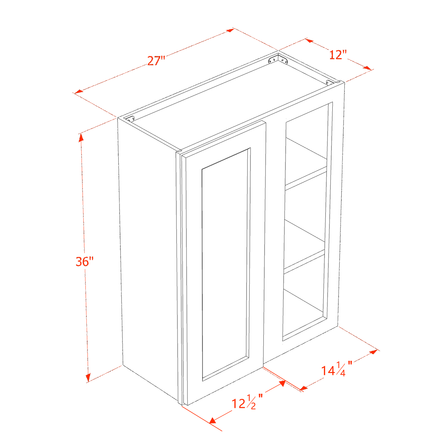 SM-WBC2736: Mocha Brown Slim Shaker 27"W x 36"H 1 Door & 2 Shelves Wall Blind Corner Cabinets