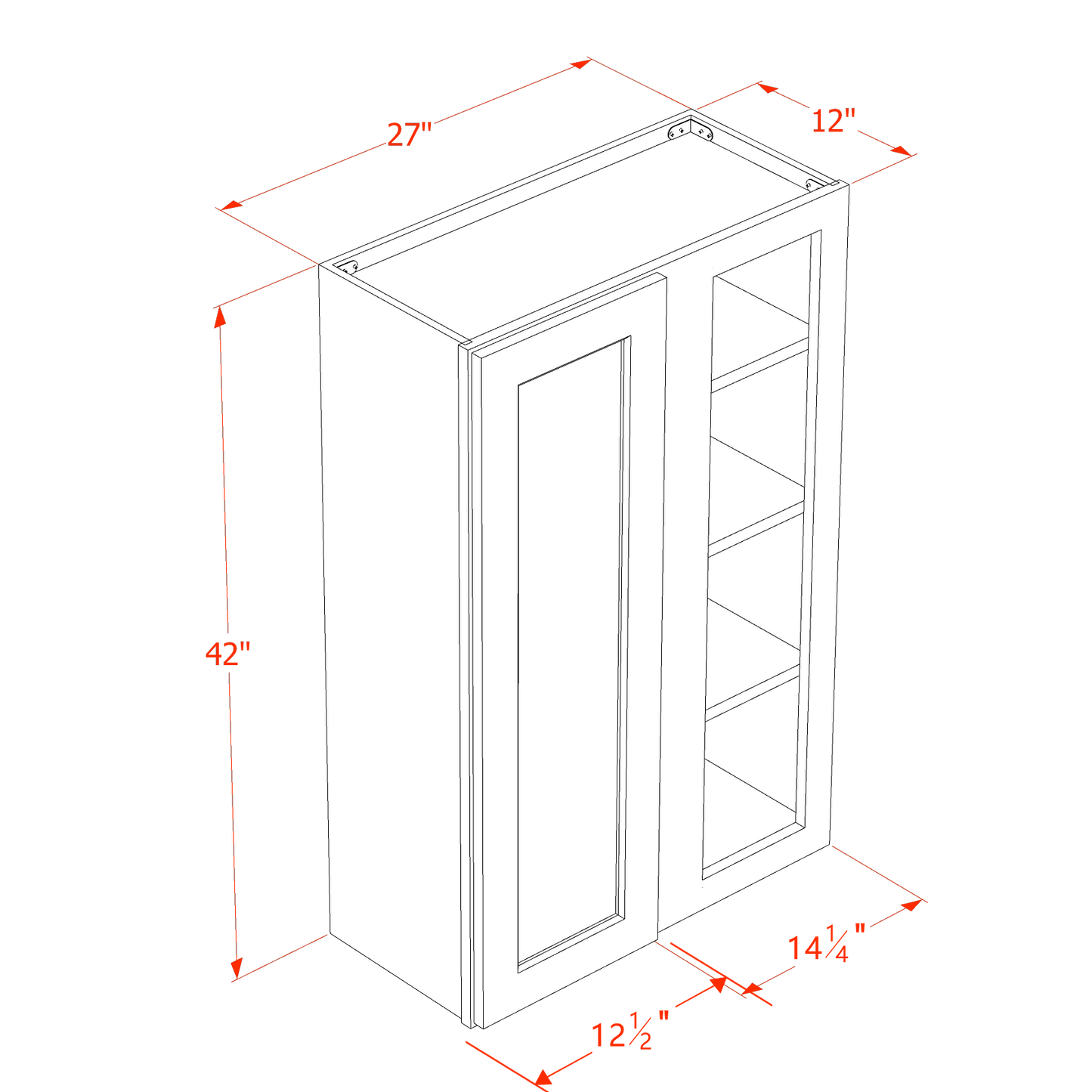 SM-WBC2742: Mocha Brown Slim Shaker 27"W x 42"H 1 Door & 2 Shelves Wall Blind Corner Cabinets