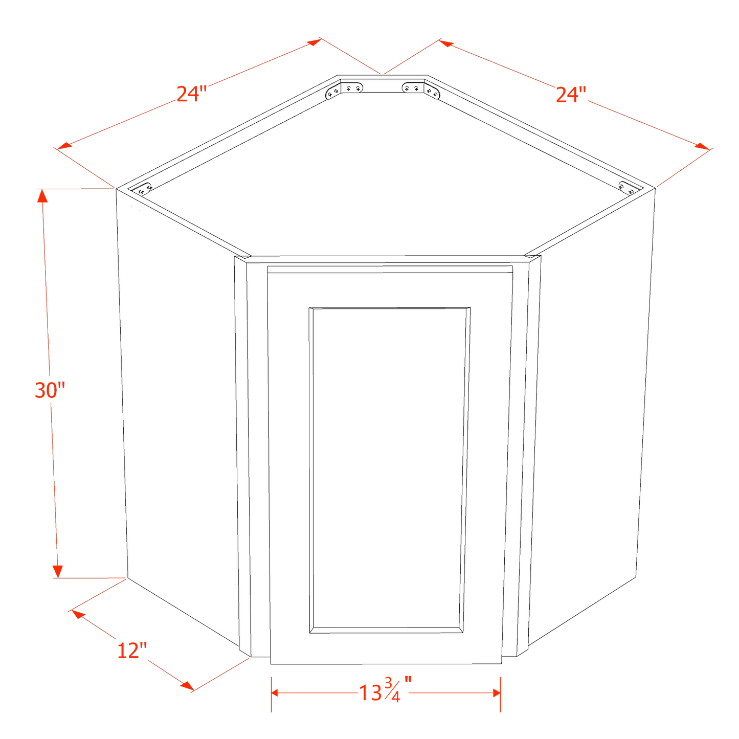 TW-WDC2430: Creamy White Shaker 24"W x 30"H 1 Door & 2 Shelves Diagonal Wall Corner Cabinet