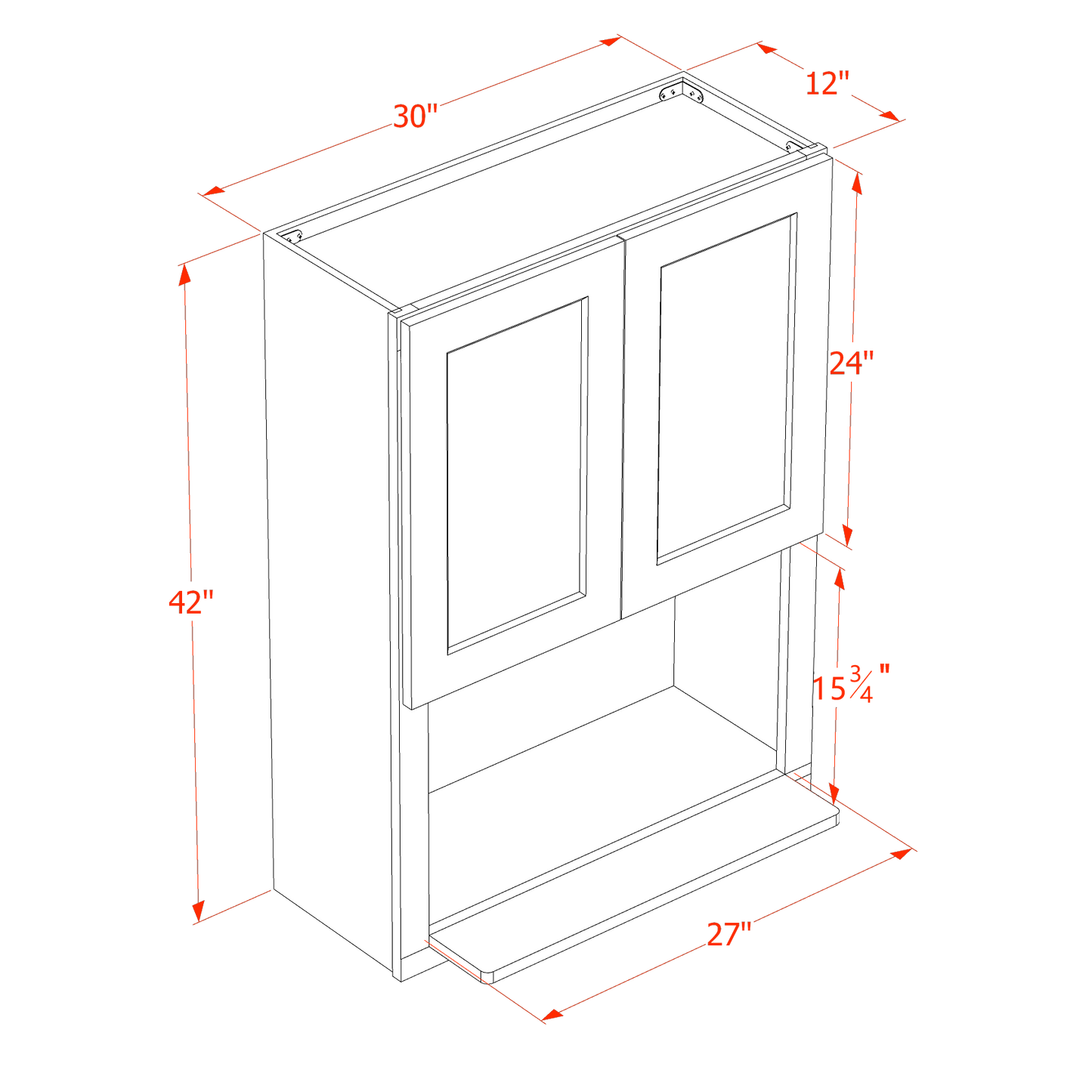 TW-WM3042: Creamy White Shaker 30"W x 42"H 2 Door & 1 Shelf Wall Built-in Microwave Cabinets