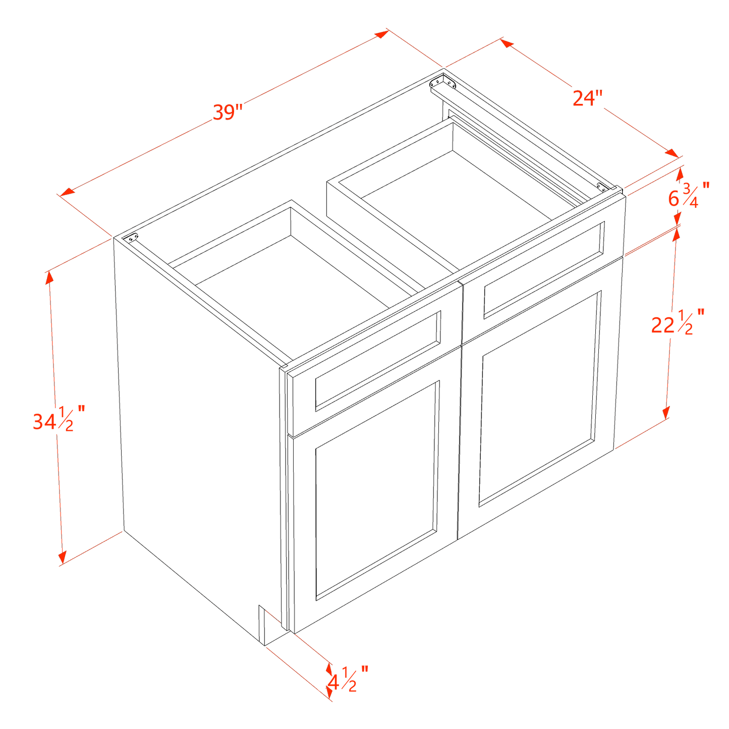 HA-B39: Ash Gray Shaker 39" 2 Drawers 2 Doors Standard Base Cabinet