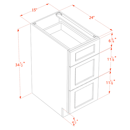 HA-DB15: Ash Gray Shaker 15" 3 Drawers Base Cabinet