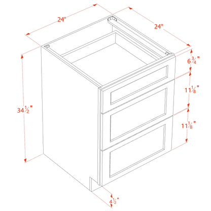 HA-DB24: Ash Gray Shaker 24" 3 Drawers Base Cabinet