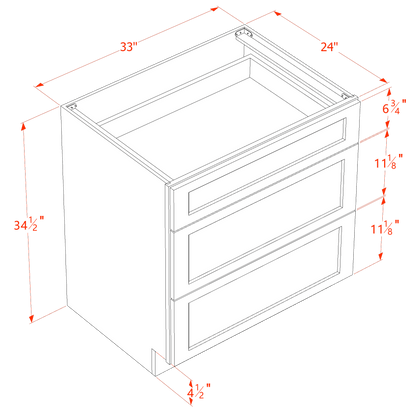 HA-DB33: Ash Gray Shaker 33" 3 Drawers Base Cabinet