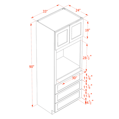 HA-OC3390: Ash Gray Shaker 33"W x 90"H x 24"D 2 Doors & 3 Drawers Tall Oven Shelf Cabinets