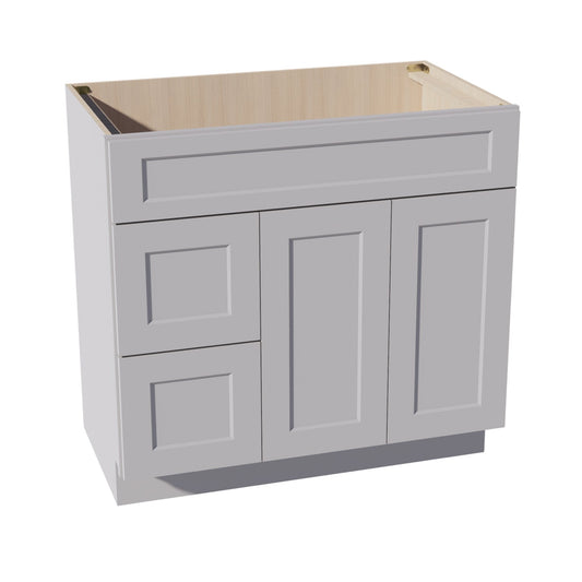 HA-VSD3621L: Ash Gray Shaker 36"W x 34-1/2"H x 21"D 2 Doors & 2 Left Drawers Offset Vanity Sink Base Cabinets