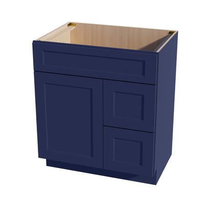 HB-VSD3021R: Indigo Blue Shaker 30"W x 34-1/2"H x 21"D 1 Door & 2 Right Drawers Offset Vanity Sink Base Cabinets