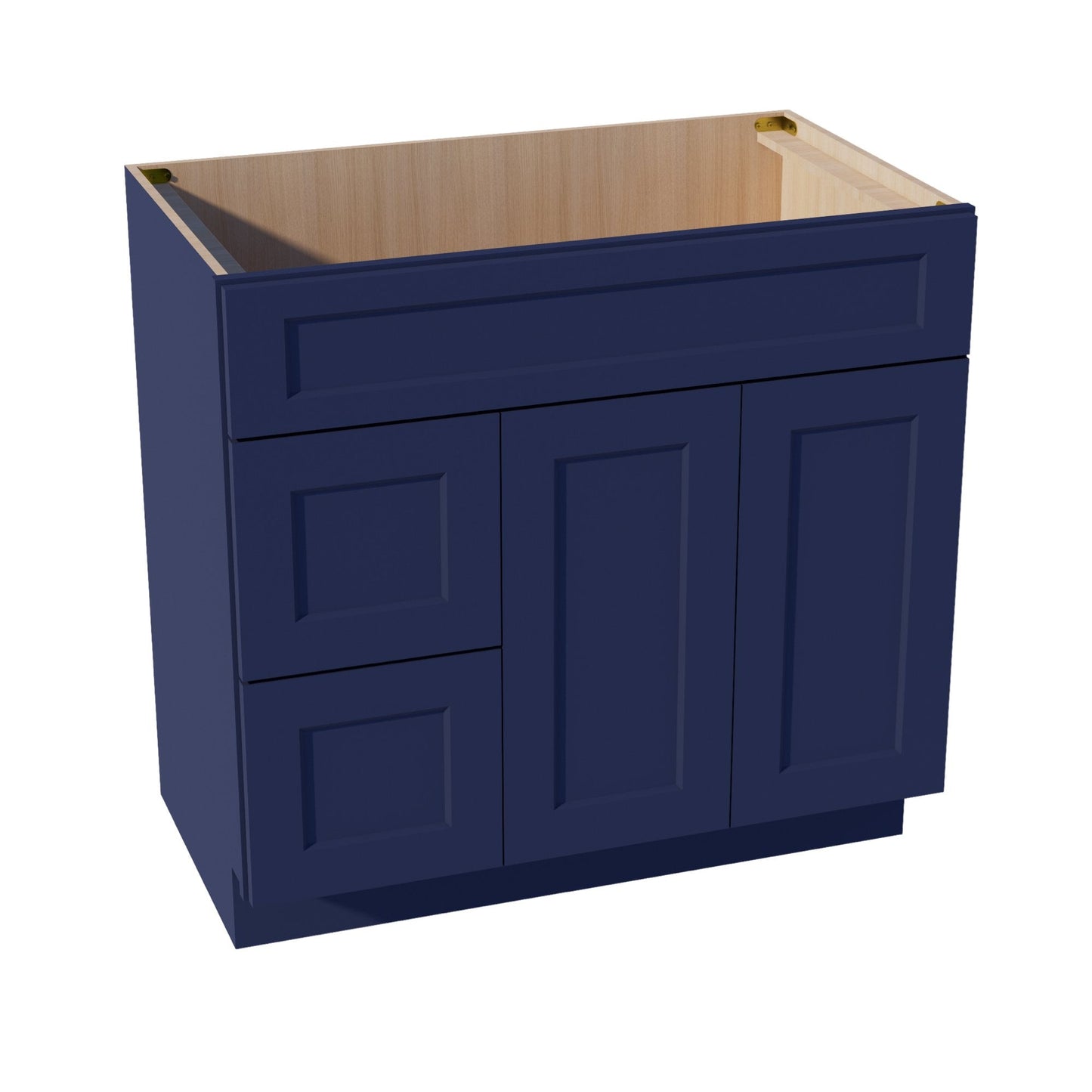 HB-VSD3621L: Indigo Blue Shaker 36"W x 34-1/2"H x 21"D 2 Doors & 2 Left Drawers Offset Vanity Sink Base Cabinets