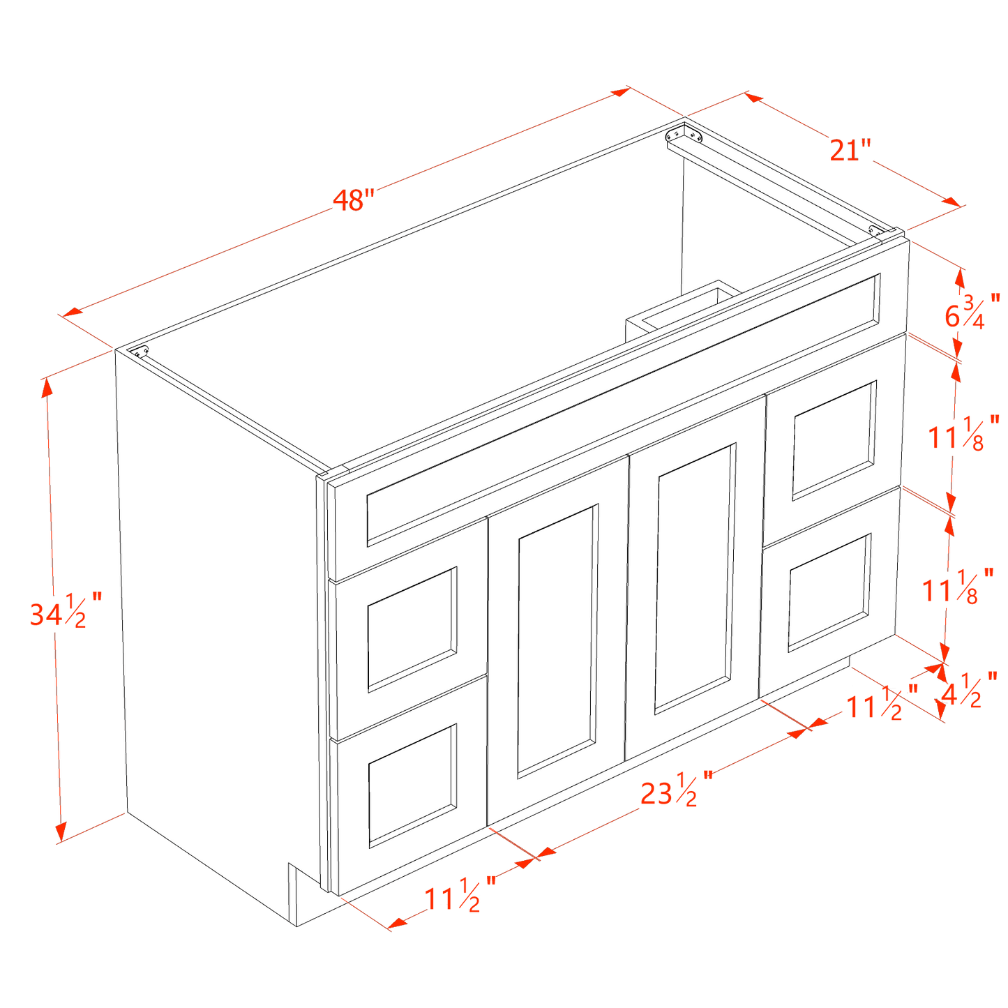 HB-VSD4821: Indigo Blue Shaker 48"W x 34-1/2"H x 21"D 2 Doors, 4 Drawers & 1 False Drawer Centered Vanity Sink Base Cabinets