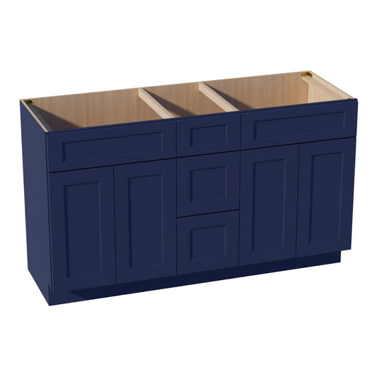 HB-VSD60DOUBLEE: Indigo Blue Shaker 60"W x 34-1/2"H x 21"D 4 Doors, 3 Drawers & 2 False Drawers Double Sink Vanity Base Combo Cabinets