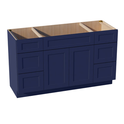 HB-VSD60SINGLE: Indigo Blue Shaker 60"W x 34-1/2"H x 21"D 2 Doors, 6 Drawers & 1 False Drawer Single Sink Vanity Base Combo Cabinets