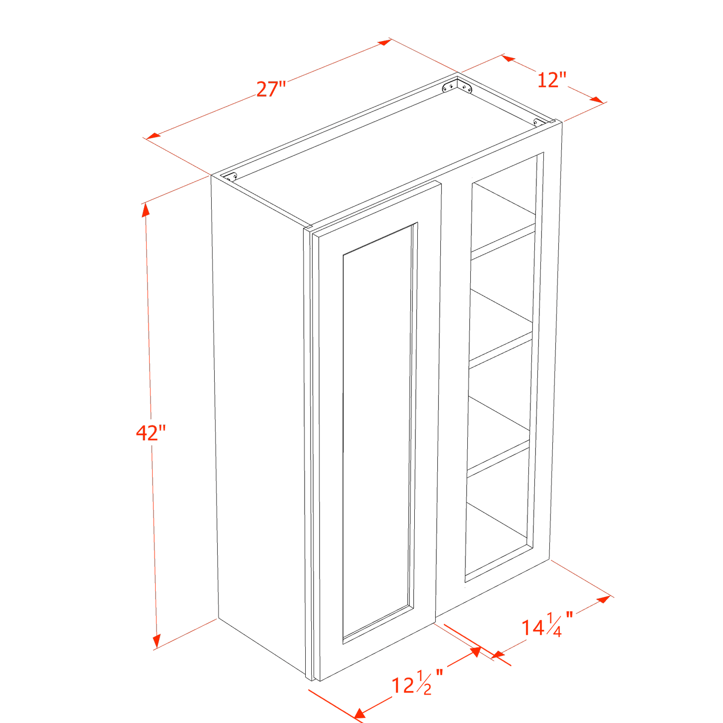 HB-WBC2742: Indigo Blue Shaker 27"W x 42"H 1 Door & 2 Shelves Wall Blind Corner Cabinets