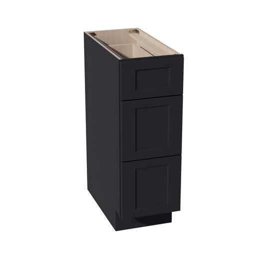 HE-DB12: Ebony Black Shaker 12" 3 Drawers Base Cabinet