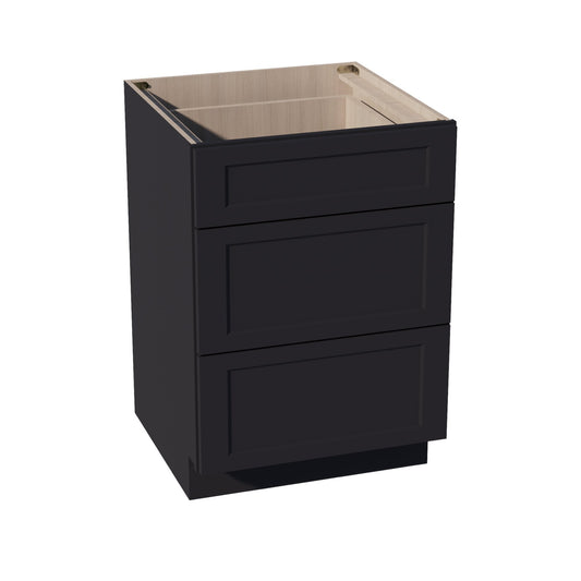 HE-DB24: Ebony Black Shaker 24" 3 Drawers Base Cabinet