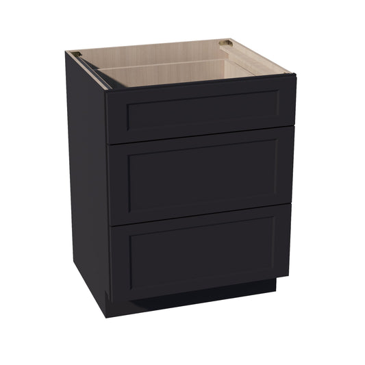 HE-DB27: Ebony Black Shaker 27" 3 Drawers Base Cabinet